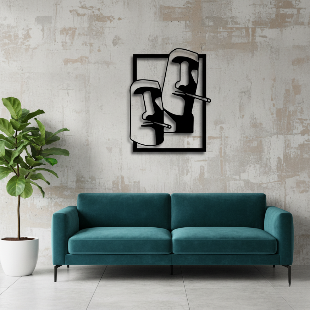 Two Faces Moai Wall Art Frame | Modern Abstract Home Decor