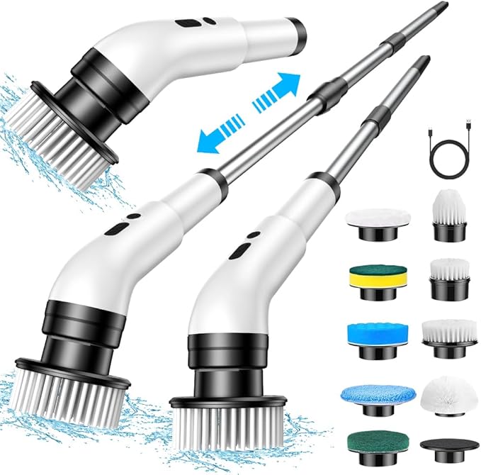 Huacorp Electric Cleaning Brush Rechargeable with 9 Replaceable Brush Heads, Retractable Cordless Portable Electric Scrubber, Safe & Waterproof Electric Brush for Cleaning Tile, Window, Floor, Bathtub