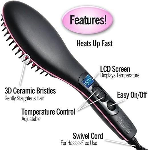 Simply Straight Ceramic Hair Straightening Brush, LCD Display, Adjustable Temperature, 3D Bristles