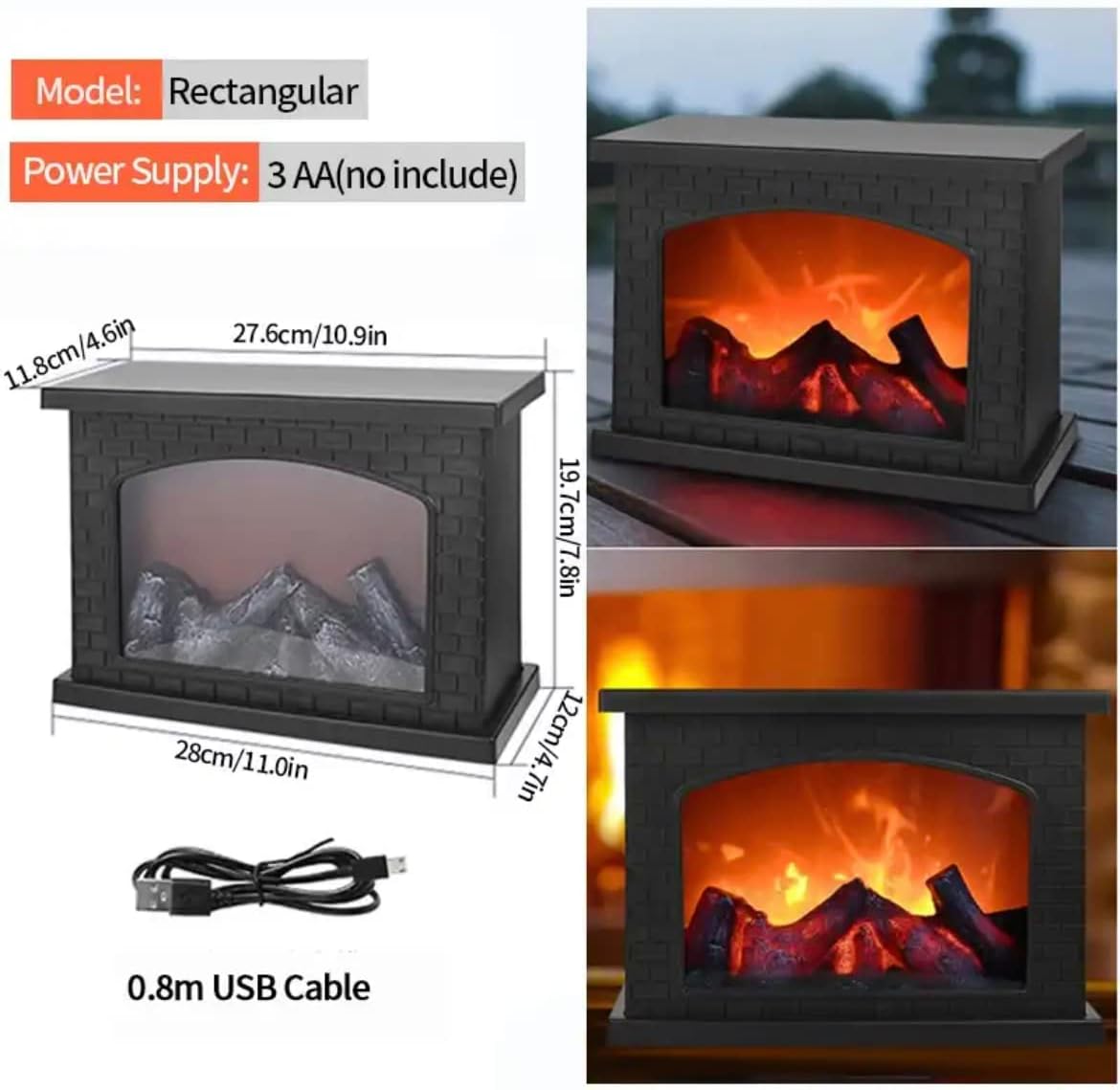 Blue Coral LED Flame Lantern Lamp Simulation Flame Fireplace Night Light Flameless Light USB Battery Powered Decor Courtyard Living Room Christmas Decoration (Rectangular)