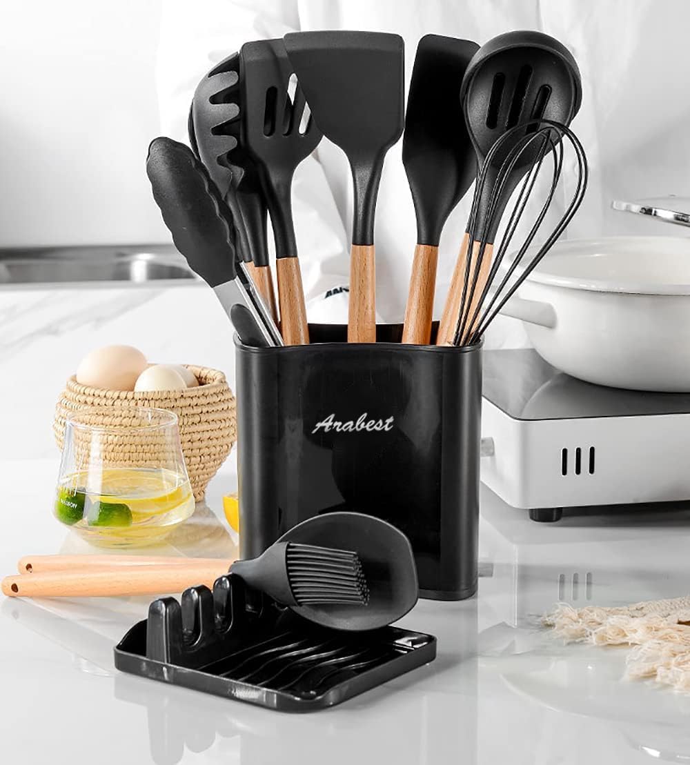 Silicone Cooking Utensil Set,Silicone Kitchen Utensil Set-13pcs,Wooden Handles Utensils Tool for Nonstick Cookware,Non Toxic Heat Resistant Kitchen Tools Set With Storage Bucket And Lid Rest