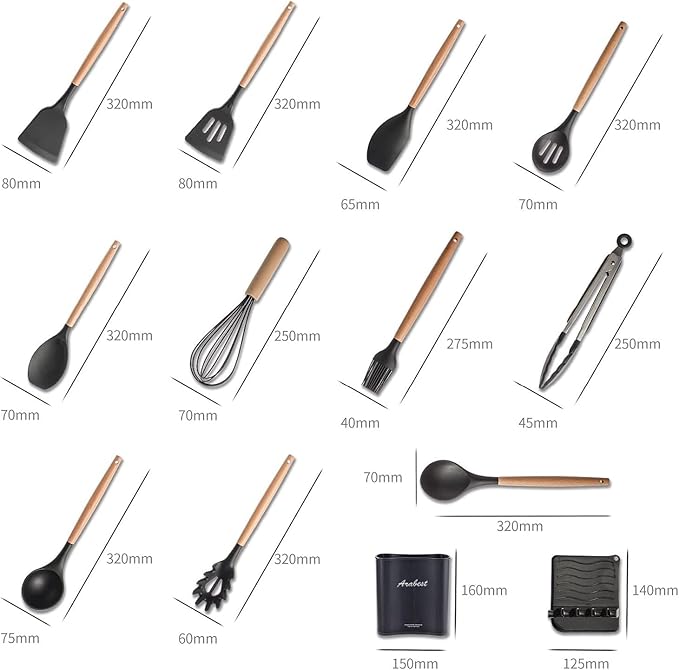 Silicone Cooking Utensil Set,Silicone Kitchen Utensil Set-13pcs,Wooden Handles Utensils Tool for Nonstick Cookware,Non Toxic Heat Resistant Kitchen Tools Set With Storage Bucket And Lid Rest