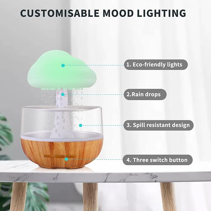 Weljoy Rain Cloud Humidifier, Rain Cloud Night Light, Diffuser Humidifier with 7 Colours LED Lights/Humidifier Bedroom, Water Drop Sound for Sleep/Relaxation