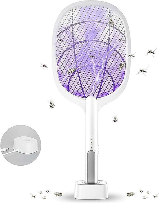 Rechargeable Electric Fly Swatter with LED Light-Powerful Mosquito and Fly Killer Zapper, Bug Control Home and Outdoor Mosquito Killer for Mosquitoes, Flies, Bees, Moths (White)