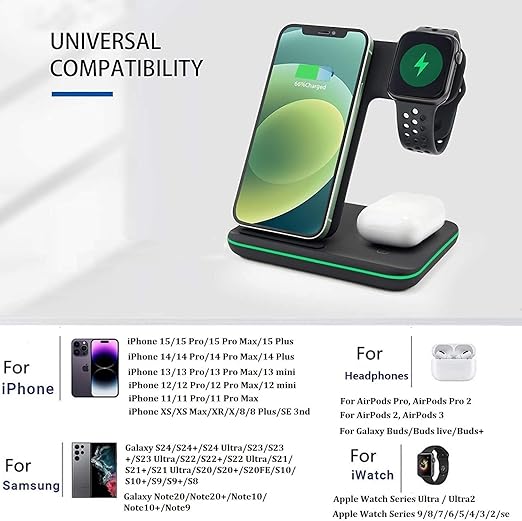 FDGAO 3 in 1 Wireless Charger, 15W Fast Wireless Charging Stand Station for Apple Watch Ultra/9/8/7/6/SE/5/4/3/2,AirPods Pro/3,iPhone 11 12 13 14 15(Pro,Pro Max,Plus,Mini)/XR/XS Max/X/8, Black