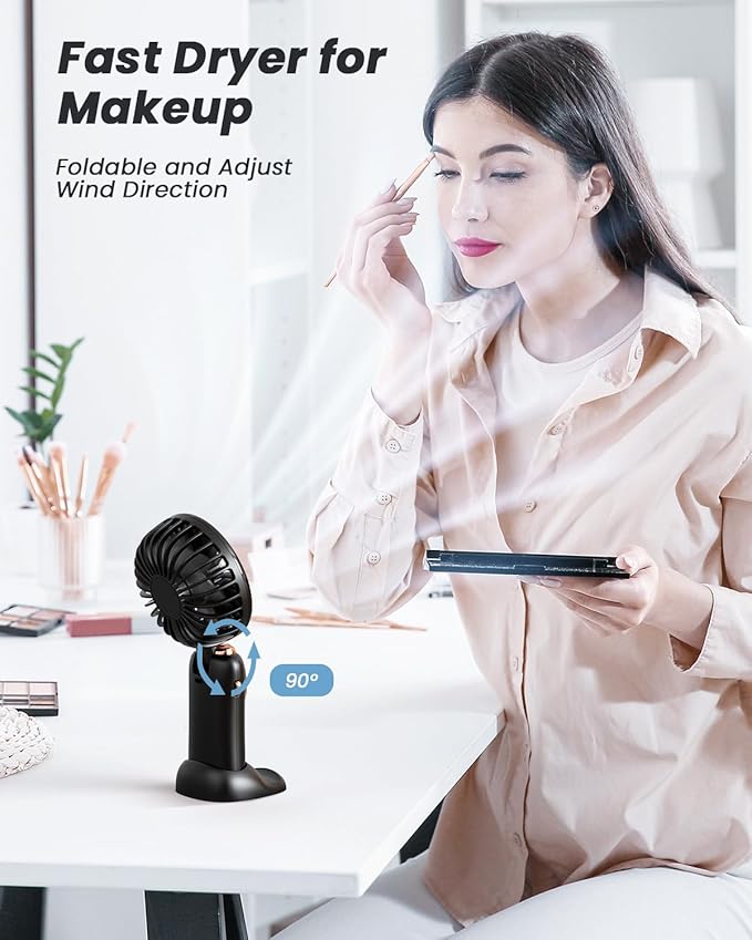 Portable Handheld Fan, 4000mAh Battery Operated Fan with LED Display, Handheld/Neck/Desk 3 in 1 Personal Small Fan, 90° Foldable Desk Fan with Base, 5 Speed Lash Makeup Fan for Women