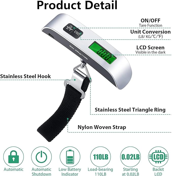 Roccamare Portable Digital Hand Scale – 50kg Capacity | Luggage, Fishing & Travel Weight Scale with Hook