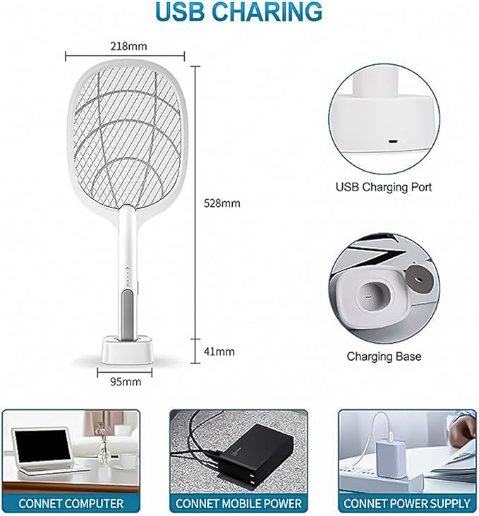 Rechargeable Electric Fly Swatter with LED Light-Powerful Mosquito and Fly Killer Zapper, Bug Control Home and Outdoor Mosquito Killer for Mosquitoes, Flies, Bees, Moths (White)