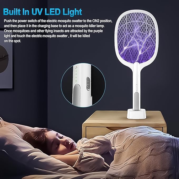 Rechargeable Electric Fly Swatter with LED Light-Powerful Mosquito and Fly Killer Zapper, Bug Control Home and Outdoor Mosquito Killer for Mosquitoes, Flies, Bees, Moths (White)