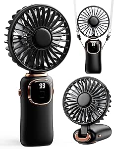 Portable Handheld Fan, 4000mAh Battery Operated Fan with LED Display, Handheld/Neck/Desk 3 in 1 Personal Small Fan, 90° Foldable Desk Fan with Base, 5 Speed Lash Makeup Fan for Women