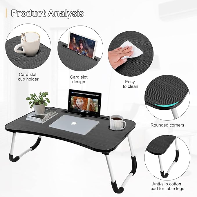 KY-TOUCH Portable Folding Laptop Desk for Bed,With iPad and Cup Holder Adjustable Lap Tray Notebook Stand, Foldable Non-Slip Legs Reading Table Tray for working,studying,camping 60x40x28cm