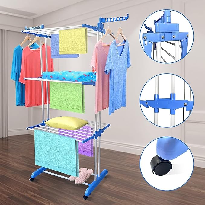 SKY-TOUCH 3 Layers Clothes Drying Rack Folding Clothes Rail Of Clothes Hanger, Adjustable Stainless Steel Hanger With Two Side Folding Wings For Indoor And Outdoor, Blue