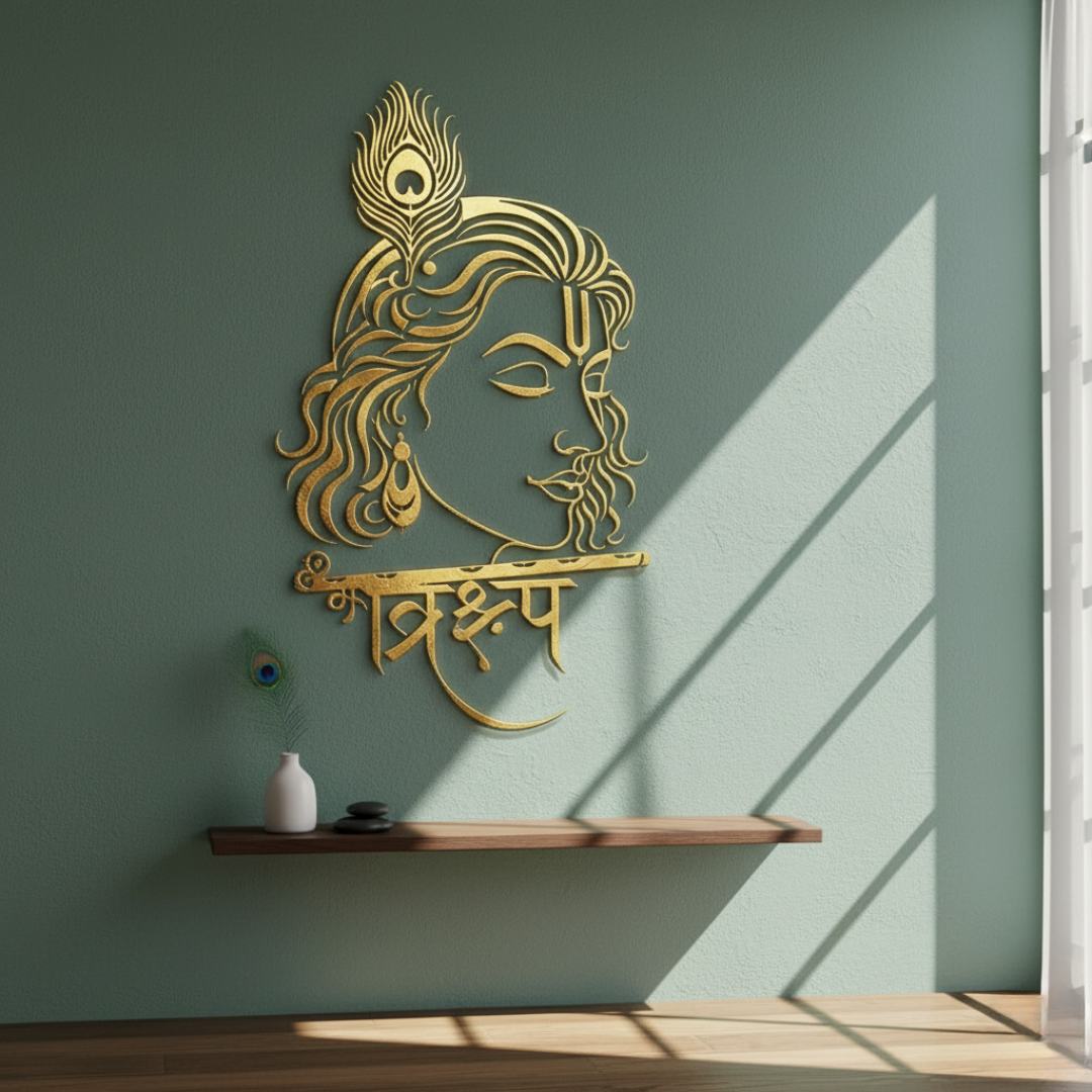 Lord Krishna Portrait Calligraphy Acrylic Art - Divine Love & Joy