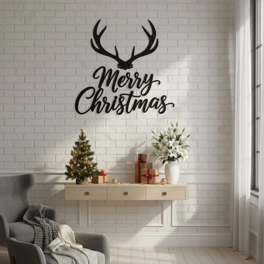 "Merry Christmas" Antlers Calligraphy Acrylic Wall Art | Modern Rustic Holiday Decor