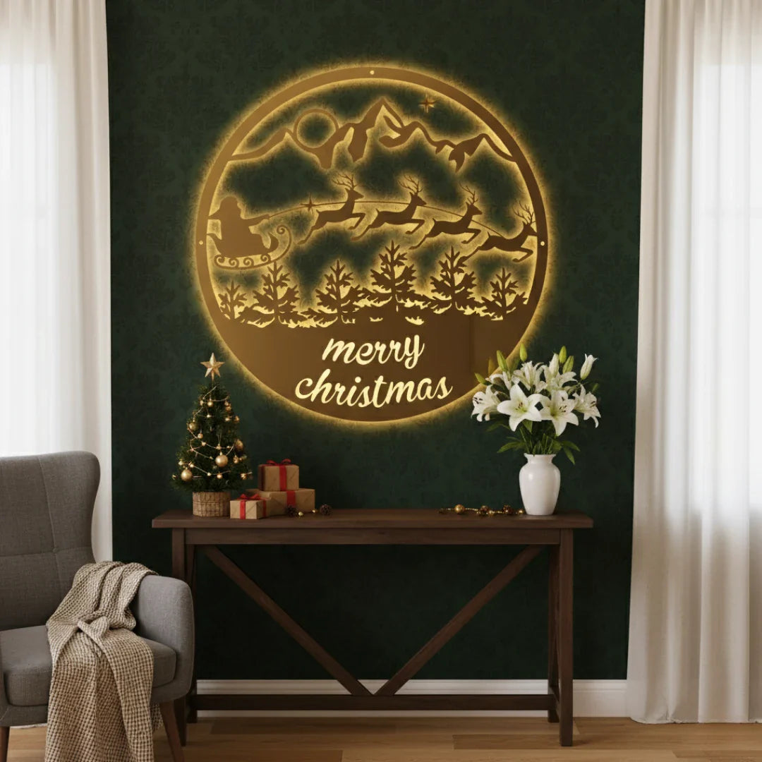 "Merry Christmas" Santa's Sleigh & Mountains Circular Acrylic Wall Art | Festive Holiday Scene