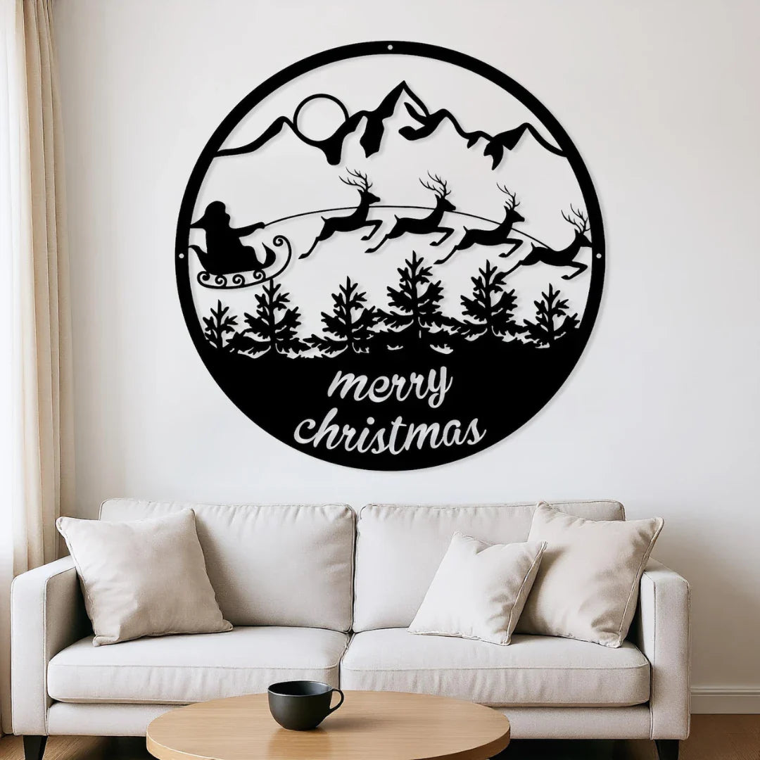 "Merry Christmas" Santa's Sleigh & Mountains Circular Acrylic Wall Art | Festive Holiday Scene