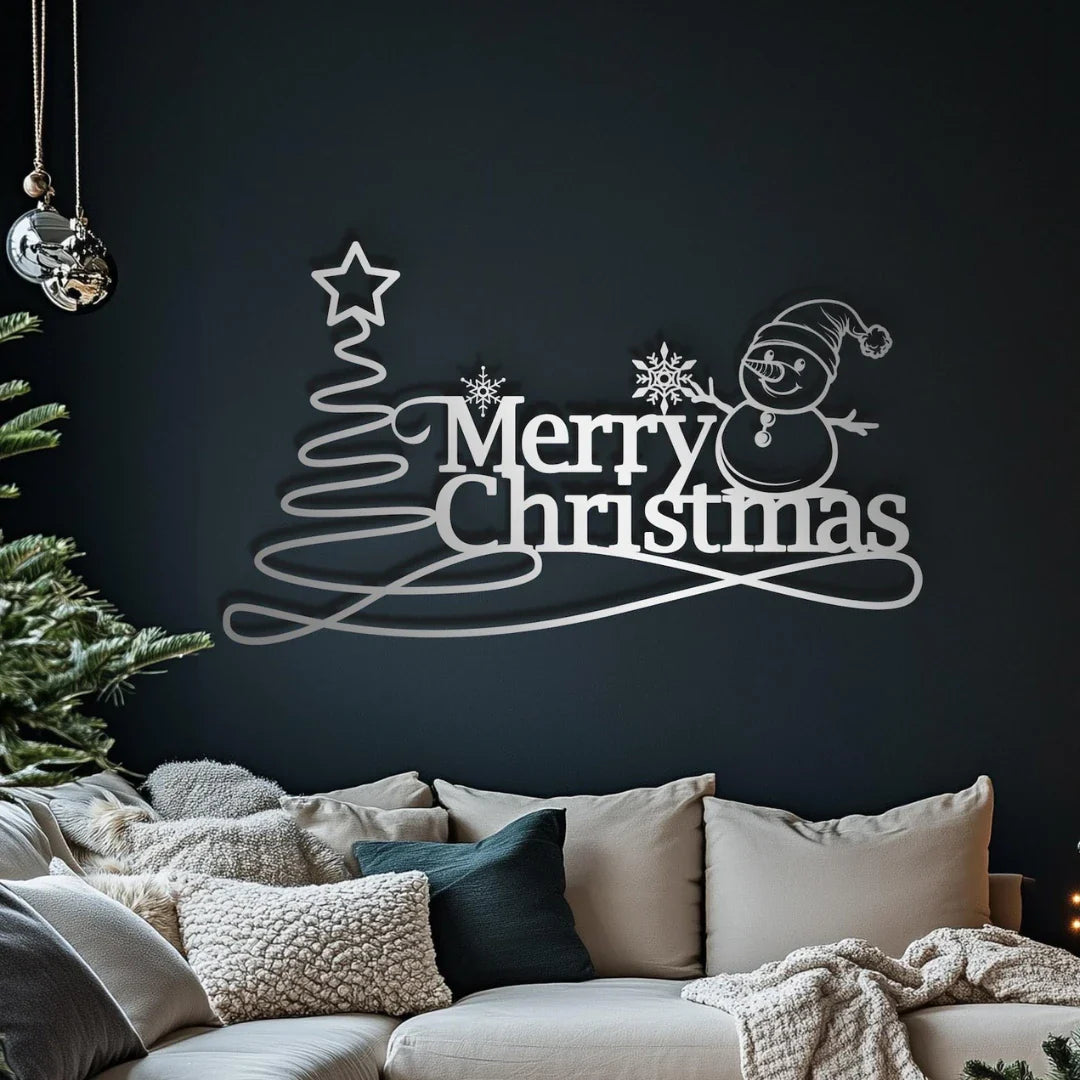 "Merry Christmas" Snowman & Swirl Tree Acrylic Wall Art | Whimsical Holiday Decor