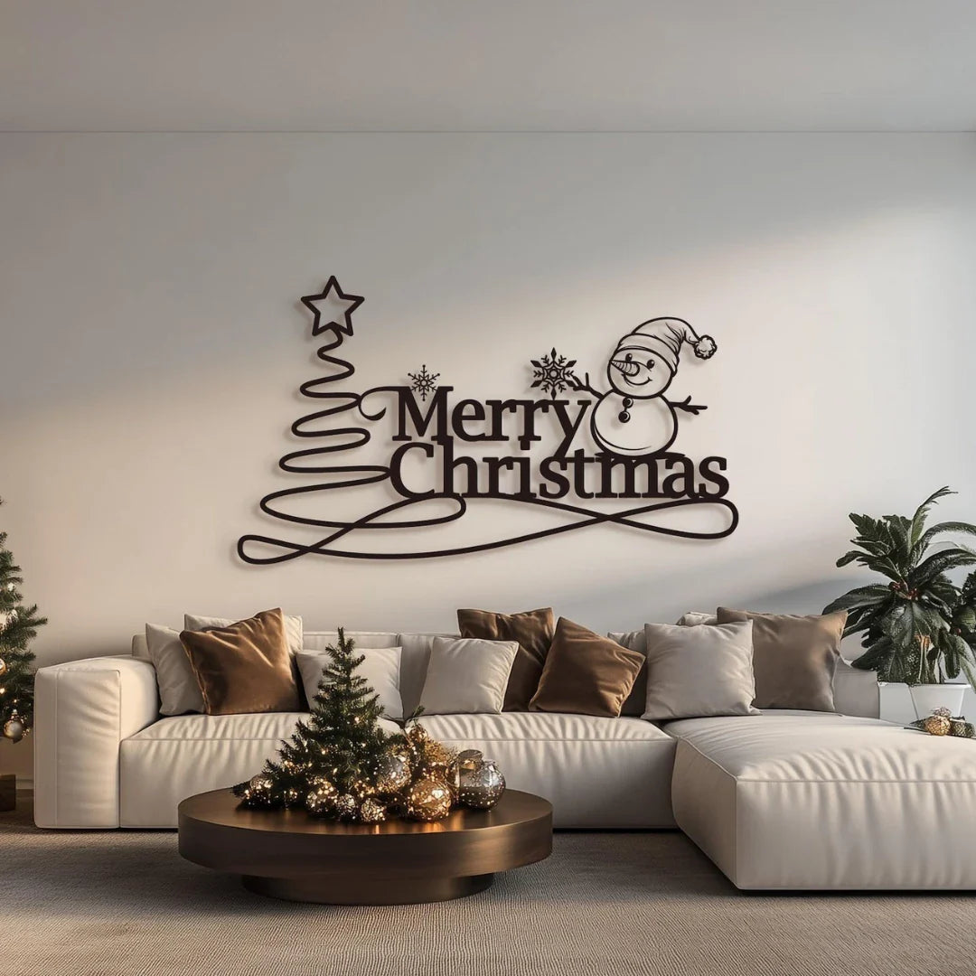 "Merry Christmas" Snowman & Swirl Tree Acrylic Wall Art | Whimsical Holiday Decor
