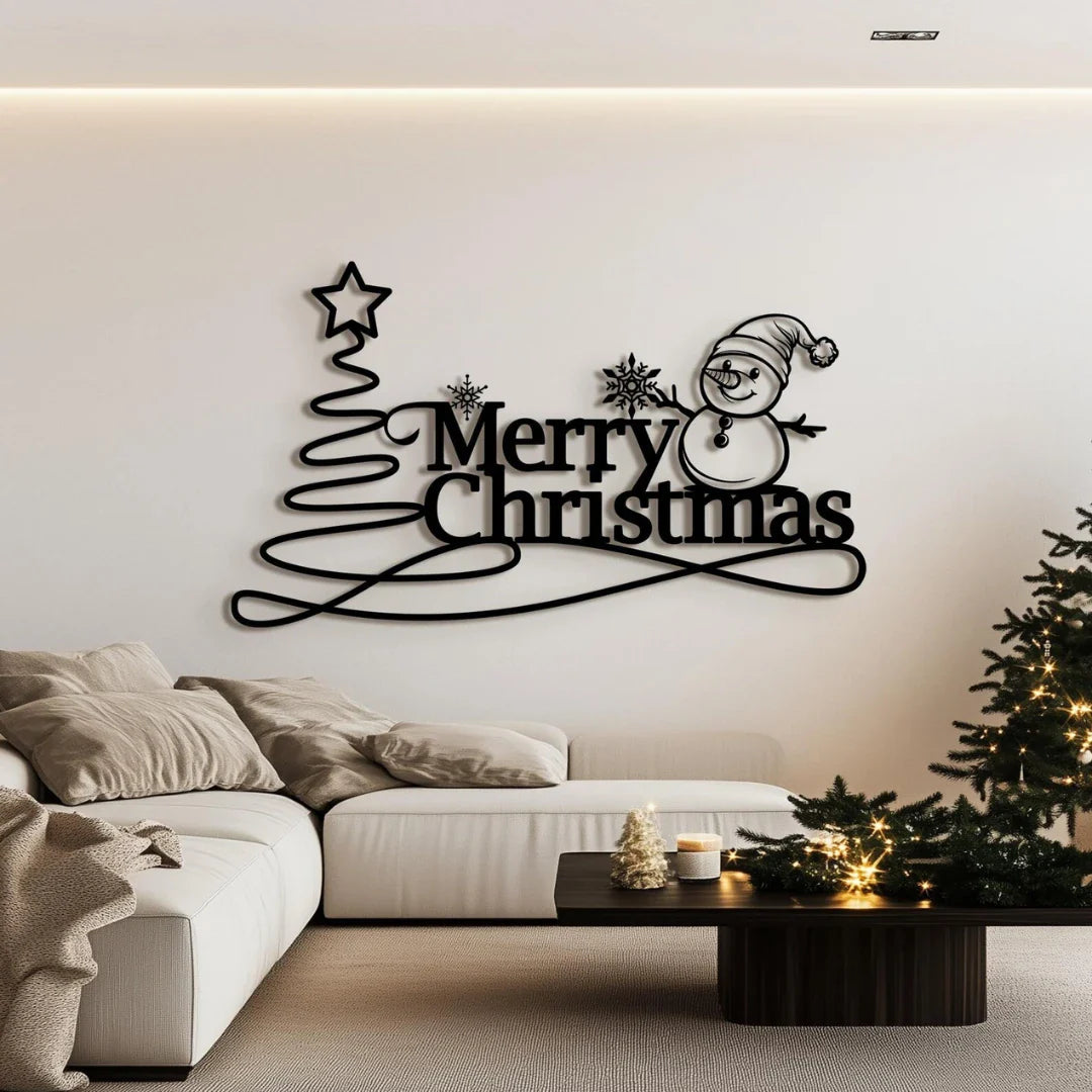 "Merry Christmas" Snowman & Swirl Tree Acrylic Wall Art | Whimsical Holiday Decor