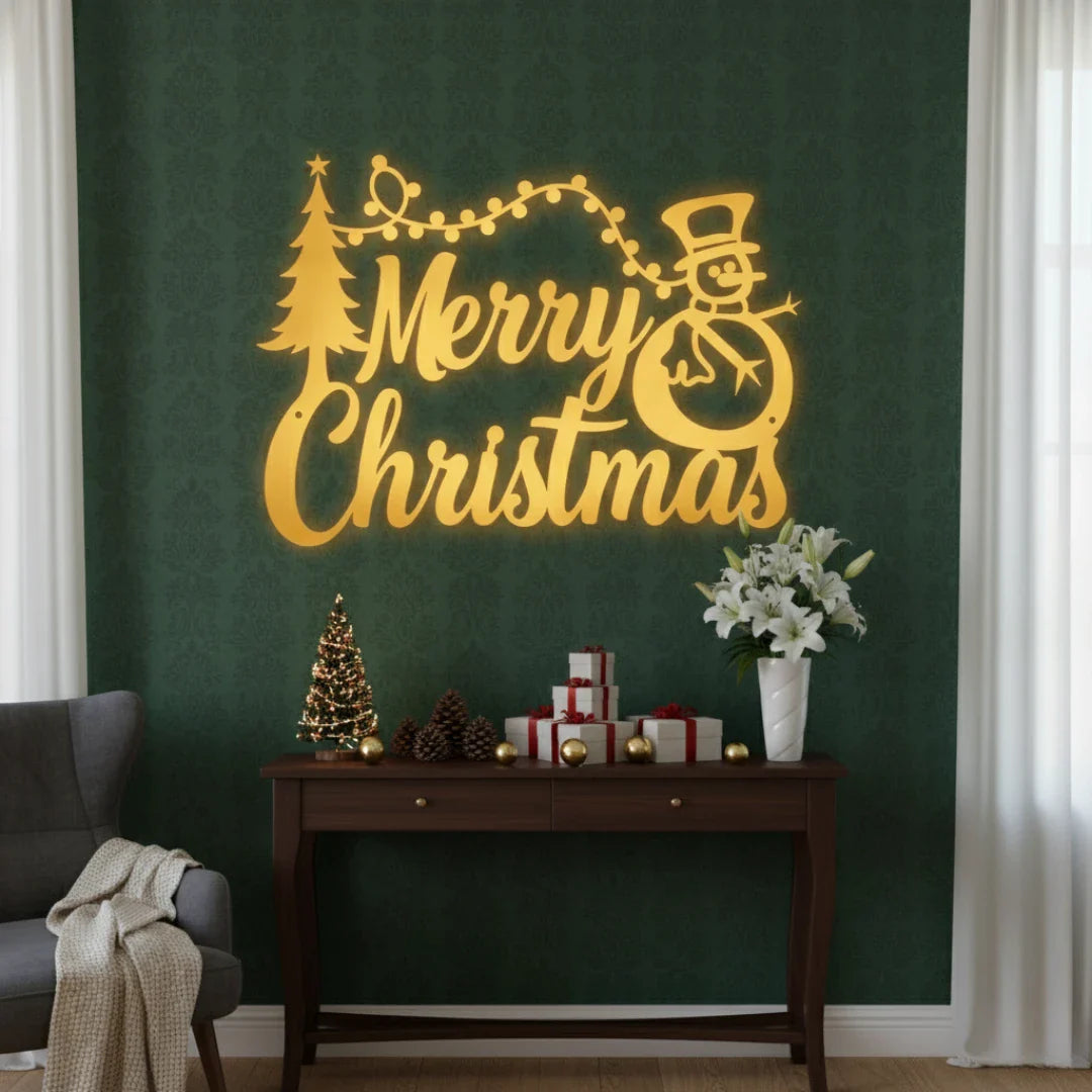"Merry Christmas" Snowman & Tree Acrylic Wall Decor | Festive Holiday Art