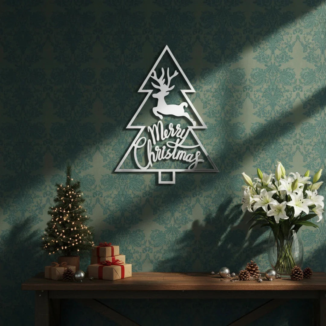 "Merry Christmas" Tree & Reindeer Acrylic Wall Art | Festive Home Decor