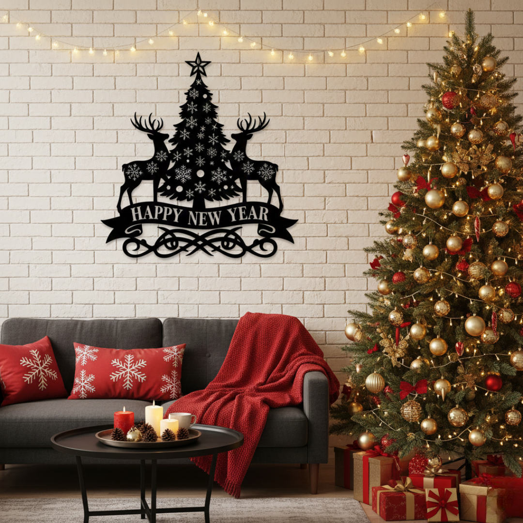 Acrylic Deer & Snowflake Christmas Tree "Happy New Year" Wall Art