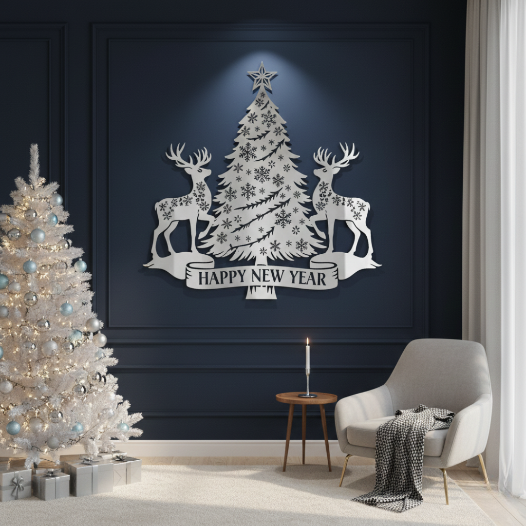 Acrylic Deer & Snowflake Christmas Tree "Happy New Year" Wall Art