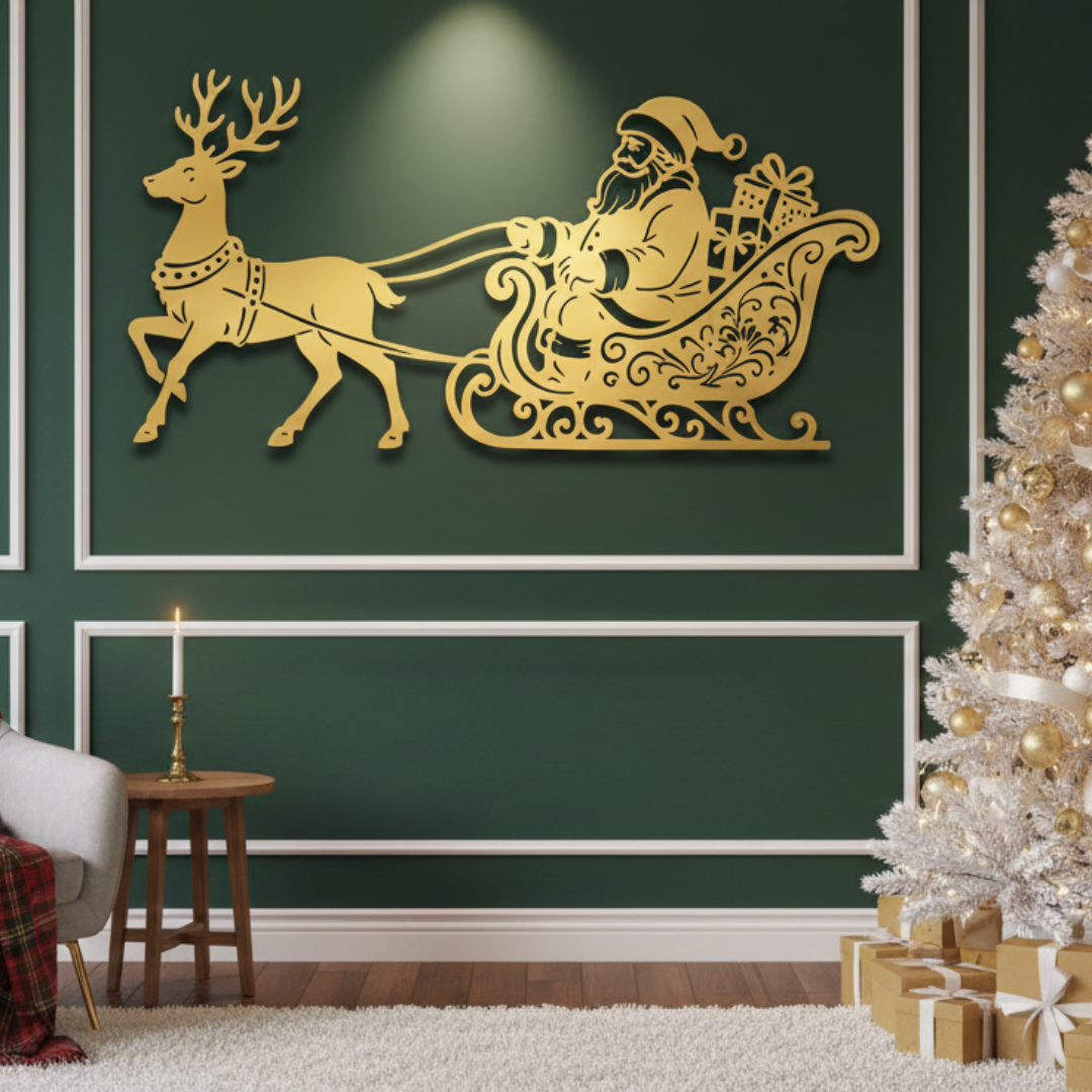 Acrylic Santa Claus and Reindeer Sleigh Silhouette Wall Art