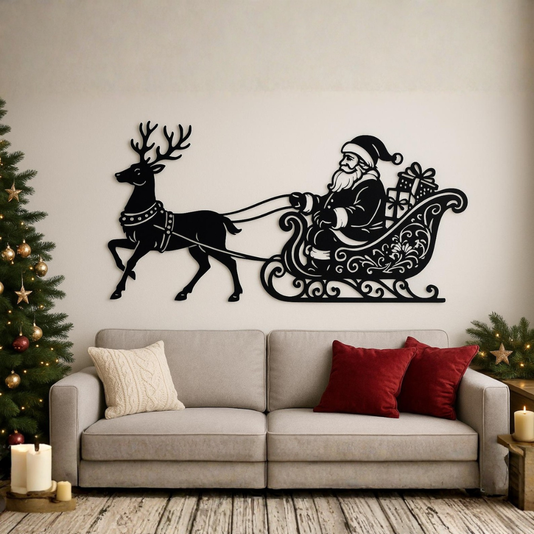 Acrylic Santa Claus and Reindeer Sleigh Silhouette Wall Art