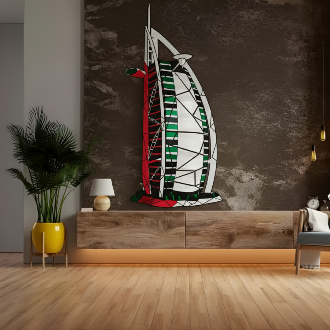 Geometric Burj Al Arab UAE Flag Acrylic Wall Art - Office Decor