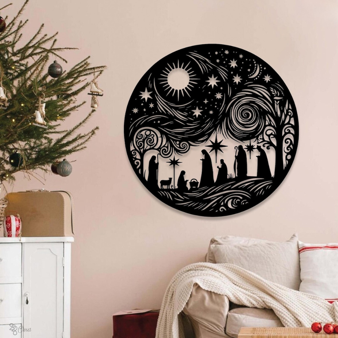 Round Acrylic Nativity Scene Wall Art - Christmas Silhouette Decor