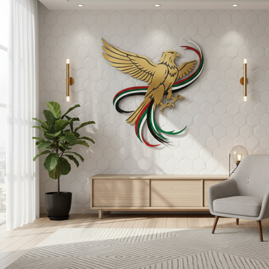 Soaring UAE Falcon & Flag Ribbons Acrylic Wall Art