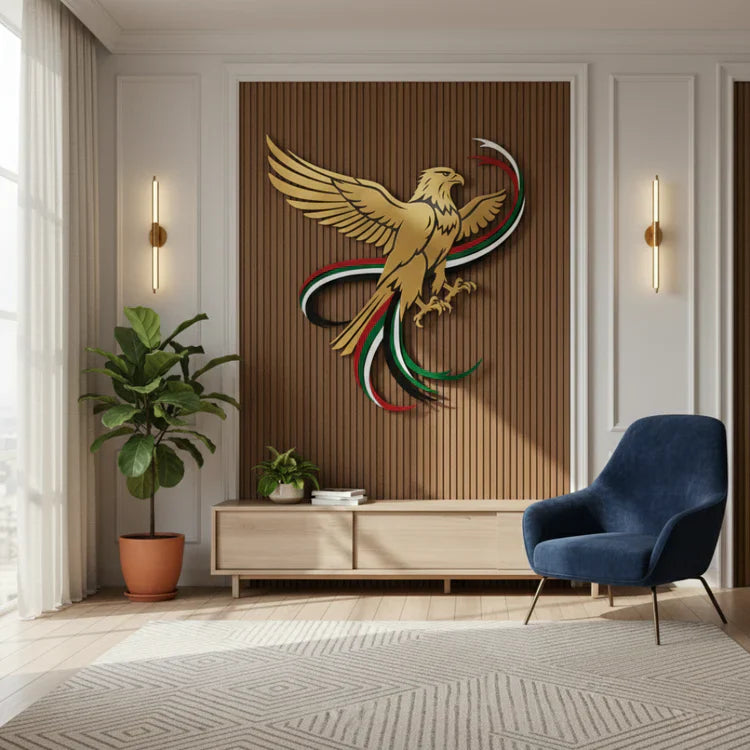 Soaring UAE Falcon & Flag Ribbons Acrylic Wall Art