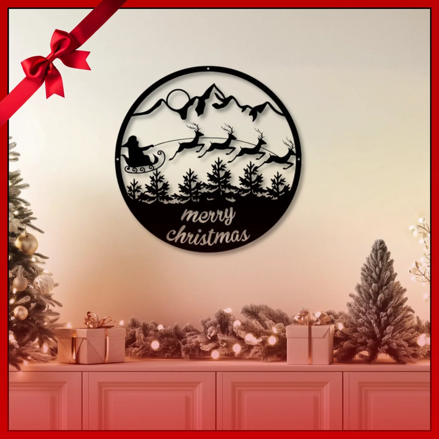 "Merry Christmas" Santa's Sleigh & Mountains Circular Acrylic Wall Art | Festive Holiday Scene