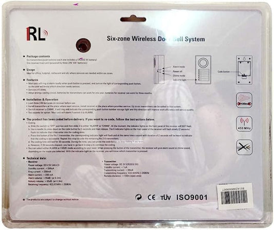 Six Zone Wireless Door Bell for Offices Restaurant RL-05060