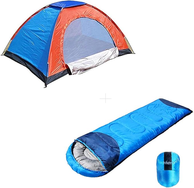 opper 52.com Polyester Fabric Portable Foldable Camping 2 Person Tent With Waterproof Thick Carry Bed Camping Sleeping Bag (2Tentsleeping), Blue