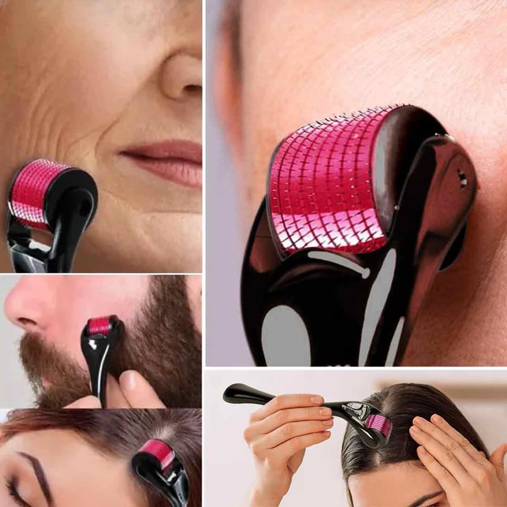 Derma Roller, Black Handle with Red Micro-Needles, Facial Massage Tool