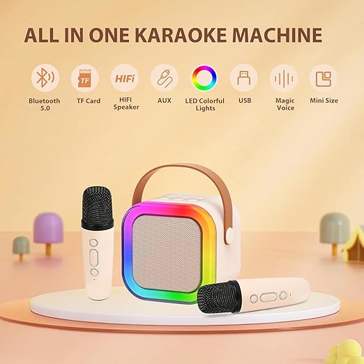Machine for Kids Adults, Portable Bluetooth Karaoke Speaker with 2 Wireless Mics and LED Color Lights, Home Birthday Party for Girls/Boys Ages 4, 5, 6, 7, 8, 9, 10,11,12+