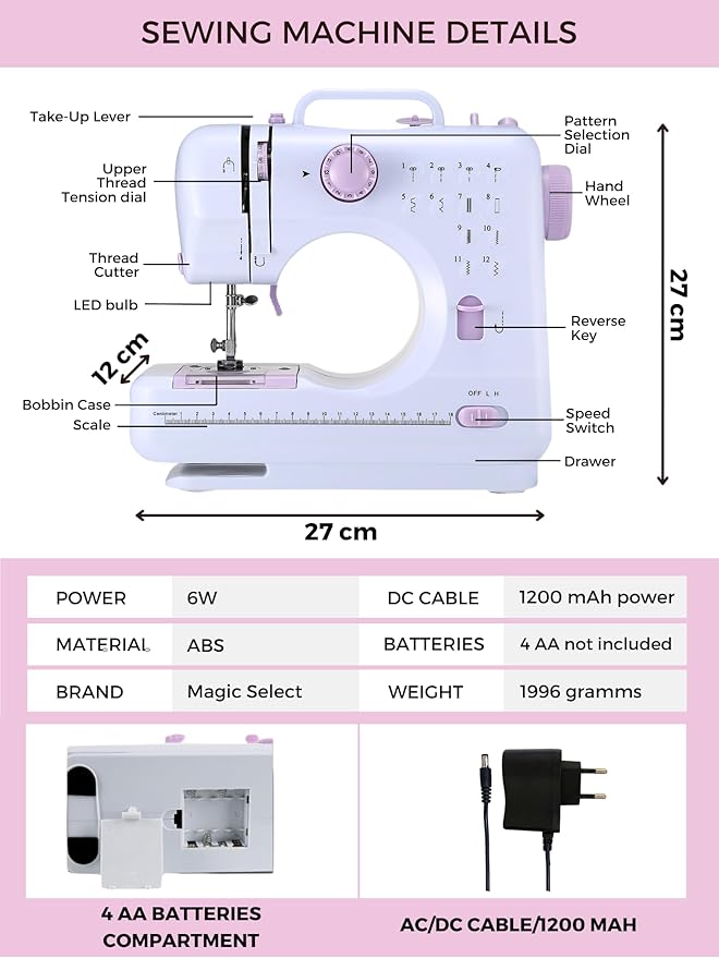 Mini Sewing Machine for Beginner, Portable Sewing Machine, 12 Built-in Stitches Small Sewing Machine Double Threads and Two Speed Multi-function Mending Machine with Foot Pedal for Kids,Women