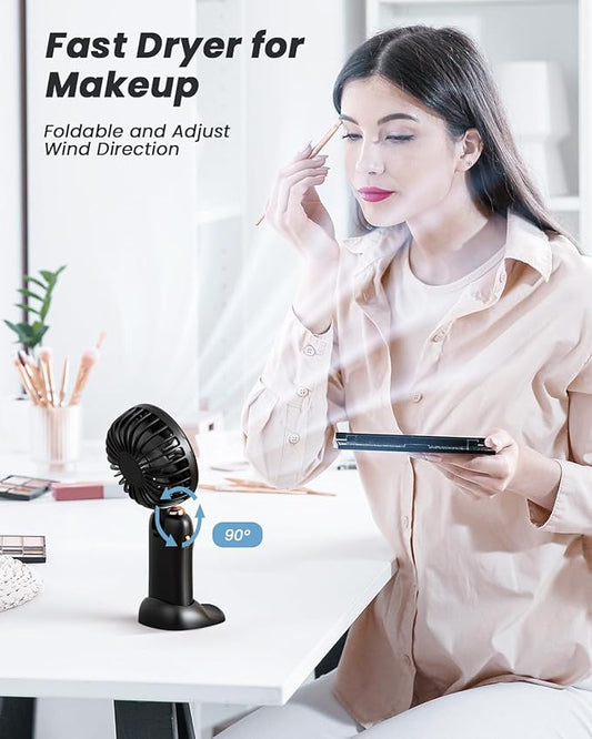 Portable Handheld Fan, 4000mAh Battery Operated Fan with LED Display, Handheld/Neck/Desk 3 in 1 Personal Small Fan, 90° Foldable Desk Fan with Base, 5 Speed Lash Makeup Fan for Women
