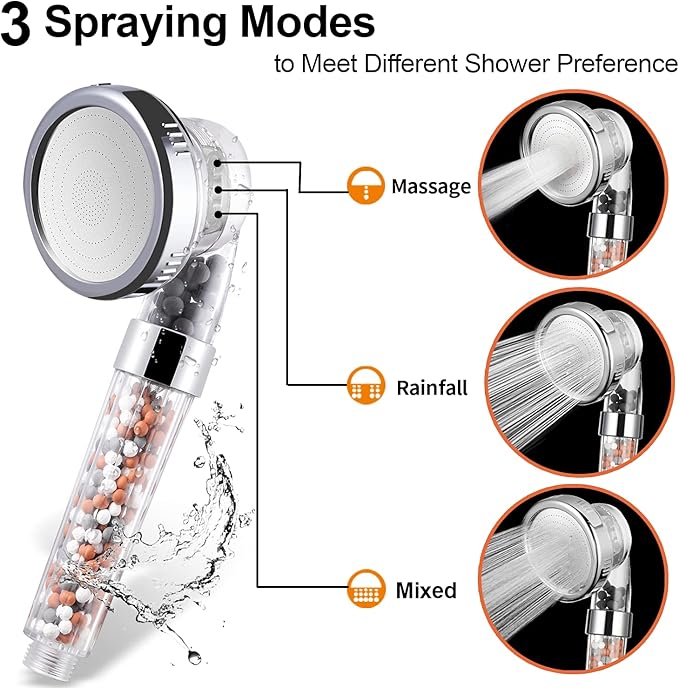 Shower Head, Ionic Shower Head Handheld Increase Pressure Water Saving with Hose, 3 Mode Filter Spray Shower Head for Dry Hair & Skin SPA, Contains Purifying Filtration Mineral Stone Beads