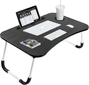 KY-TOUCH Portable Folding Laptop Desk for Bed，With iPad and Cup Holder Adjustable Lap Tray Notebook Stand， Foldable Non-Slip Legs Reading Table Tray for working，studying，camping 60x40x28cm