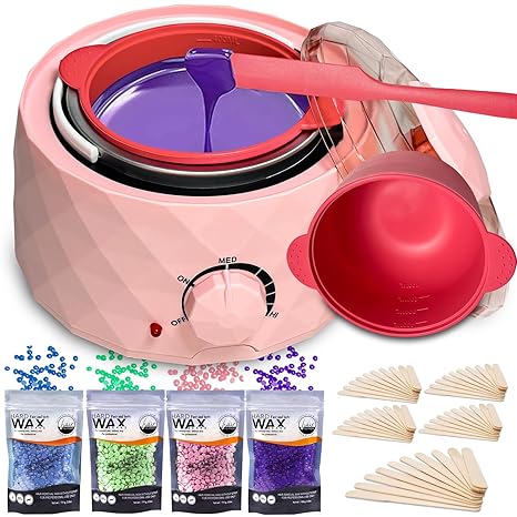 Waxing Kit for Women with Wax Warmer & 4 Pack Natural Wax Beads, Silicone Wax Pot kit & 50 Sticks for Hair Removal, All Hair Types & Sensitive Skin, At home for Bikini, Eyebrow & Face, Pink