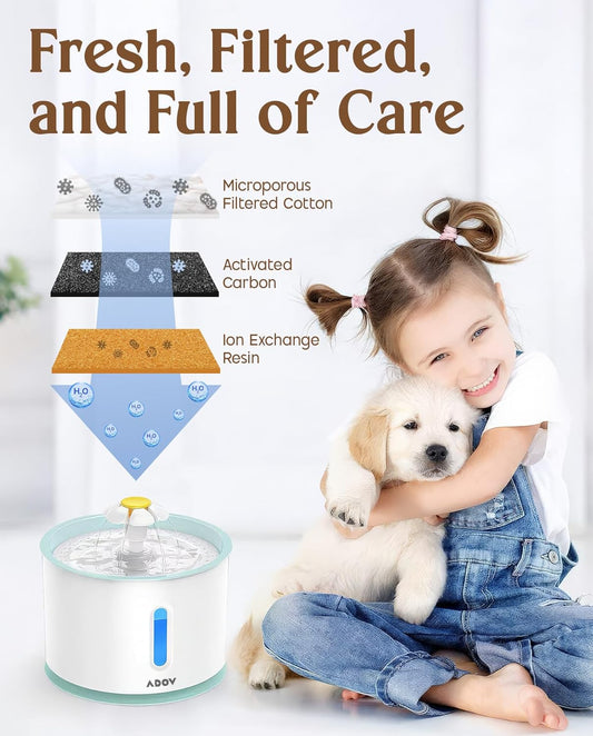 Cat Water Fountain, 2.4L Automatic Electric Flower Style Dispenser with LED Water Level Window and Replaceable Filter, Ultra Quiet Healthy and Hygienic Pet Drinking Bowl for Kitten, Dogs