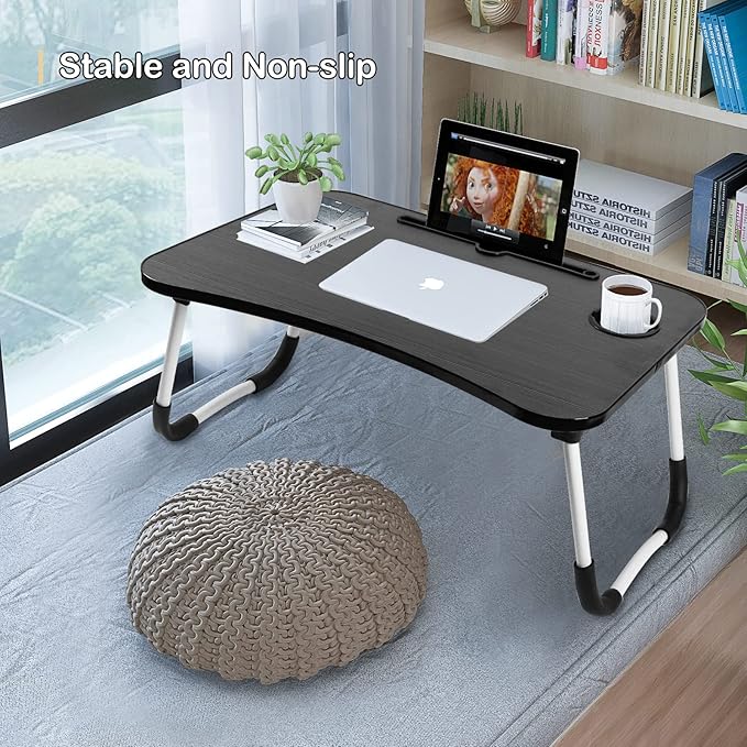 KY-TOUCH Portable Folding Laptop Desk for Bed，With iPad and Cup Holder Adjustable Lap Tray Notebook Stand， Foldable Non-Slip Legs Reading Table Tray for working，studying，camping 60x40x28cm