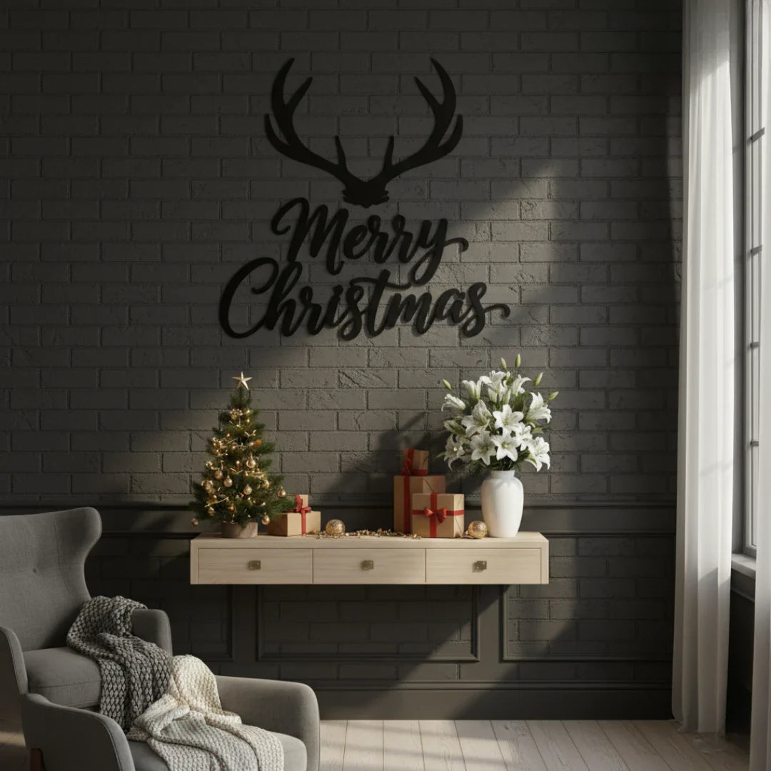 "Merry Christmas" Antlers Calligraphy Acrylic Wall Art | Modern Rustic Holiday Decor