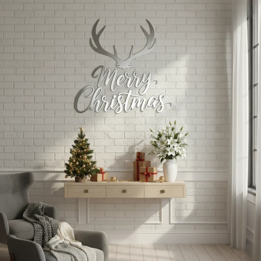 "Merry Christmas" Antlers Calligraphy Acrylic Wall Art | Modern Rustic Holiday Decor