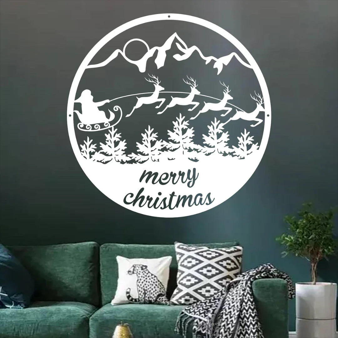 "Merry Christmas" Santa's Sleigh & Mountains Circular Acrylic Wall Art | Festive Holiday Scene