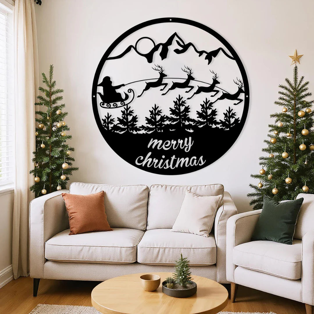 "Merry Christmas" Santa's Sleigh & Mountains Circular Acrylic Wall Art | Festive Holiday Scene