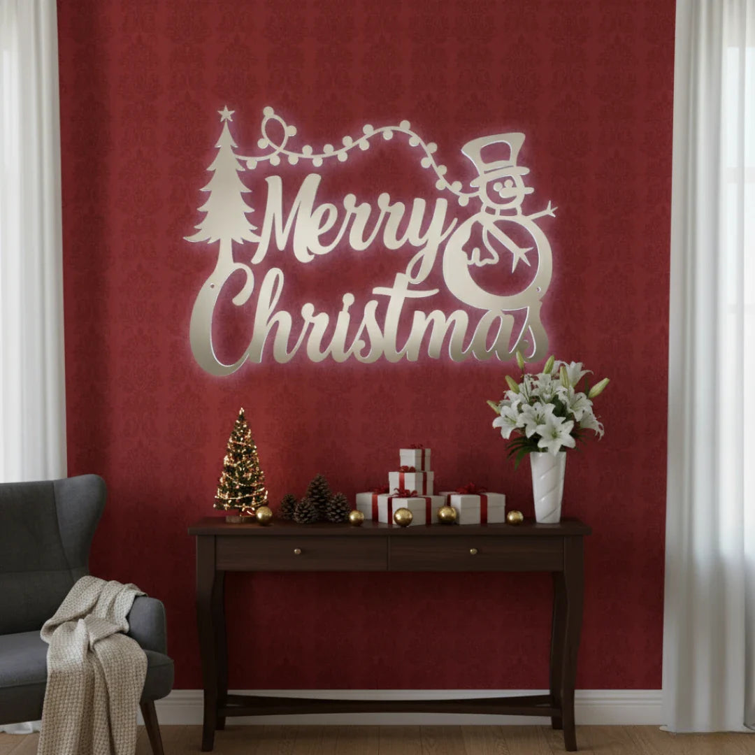 "Merry Christmas" Snowman & Tree Acrylic Wall Decor | Festive Holiday Art